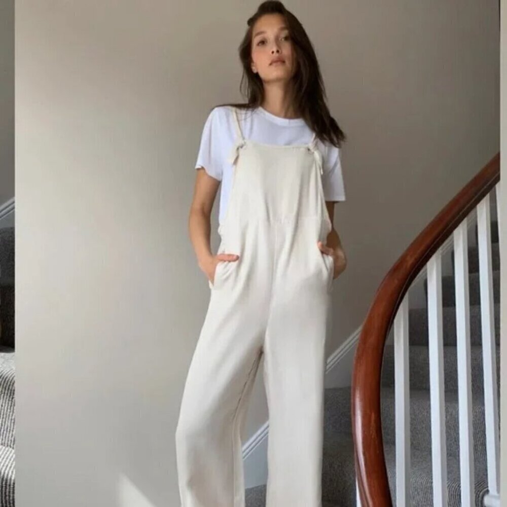 Aritzia Cream Wide-Leg Cotton Tie-Strap Jumpsuit